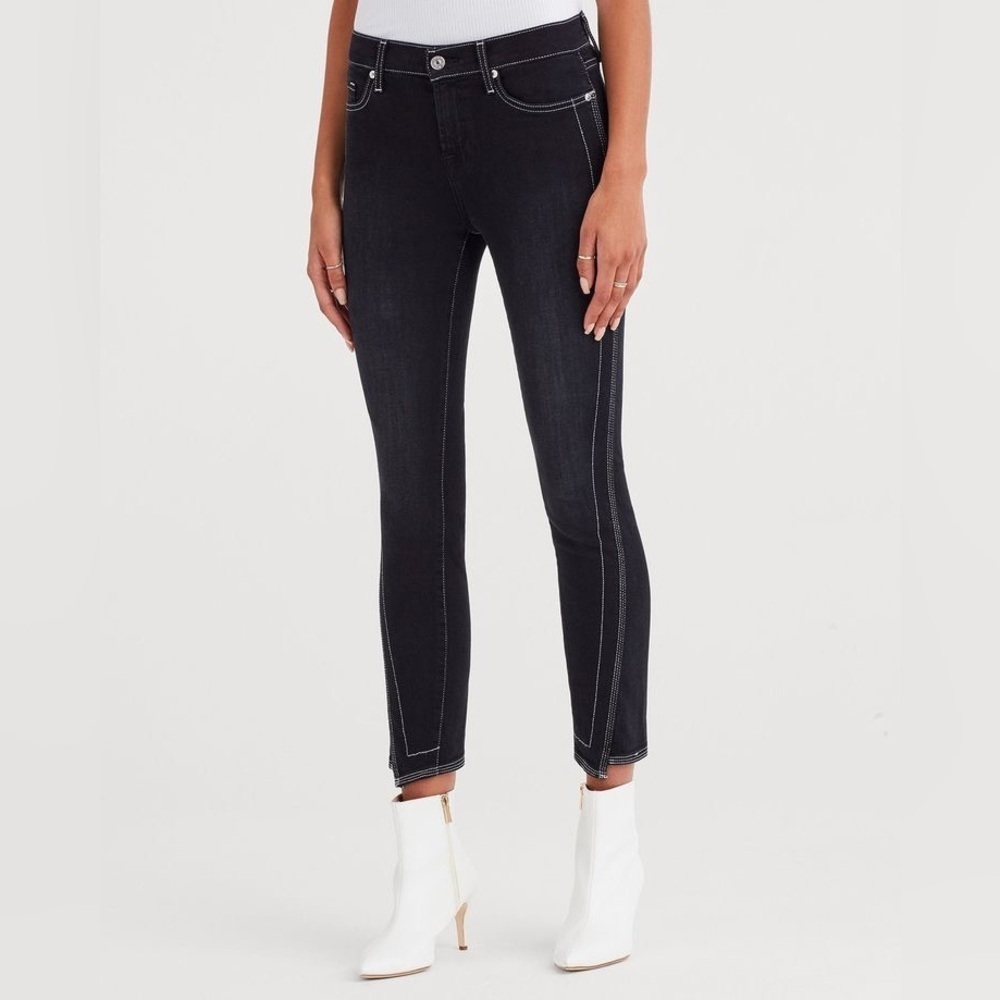 7 for All Mankind 7FAM Black Spliced Hem Black Sateen Ankle Skinny Jean EUC 27